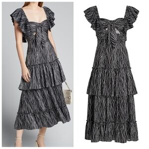 Cinq à Sept Valerie Knotted Tiered Midi Dress Black White | Flutter Sleeve | Siz